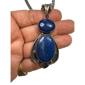 Vintage 1970s Sterling Silver Lapis Lazuli Scarab Statement Necklace - Heavy 55g
